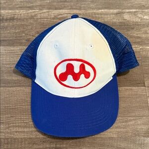 Blue and White Trucker Hat with Red Logo